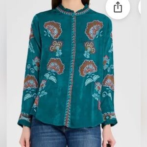 JOHNNY WAS Floral Simone Button Front Top Blouse Teal Embroidered Southwestern L